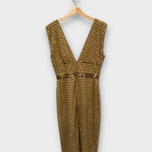 NWT Mac Duggal Gold Beaded Cap Sleeve V Neck 5625 Column Gown - Picture 6 of 13